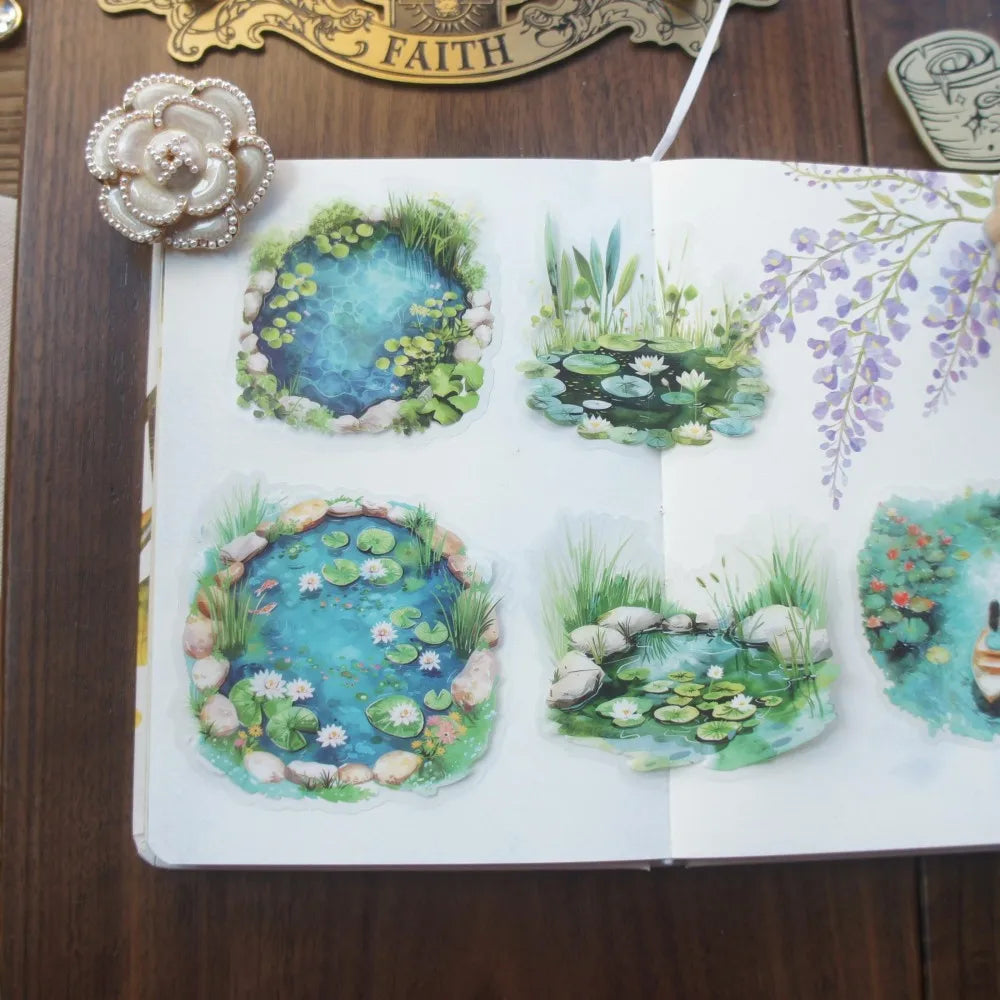 autocollants transparents pvc paysages naturels scrapbooking diy décoration cadeaux vert bleu rose