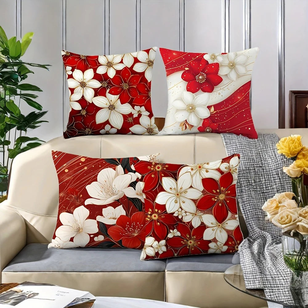taies d'oreiller fleurs rouges blanches moderne opaques lit décoration maison 45x45cm adhésif