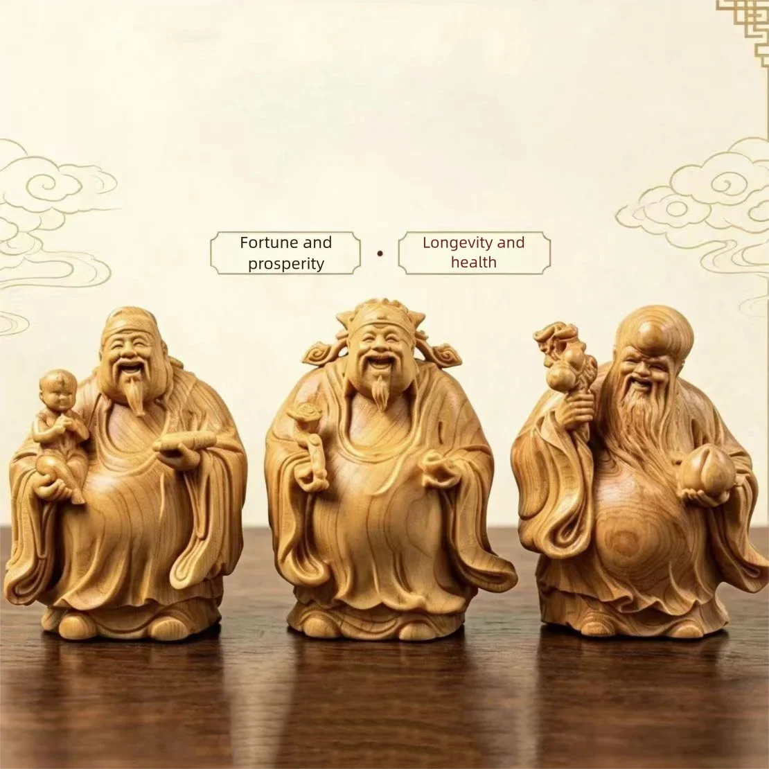 statues sculptées bois naturel artisanal traditionnel trois pièces bébé motifs floraux géométriques maison chambre
