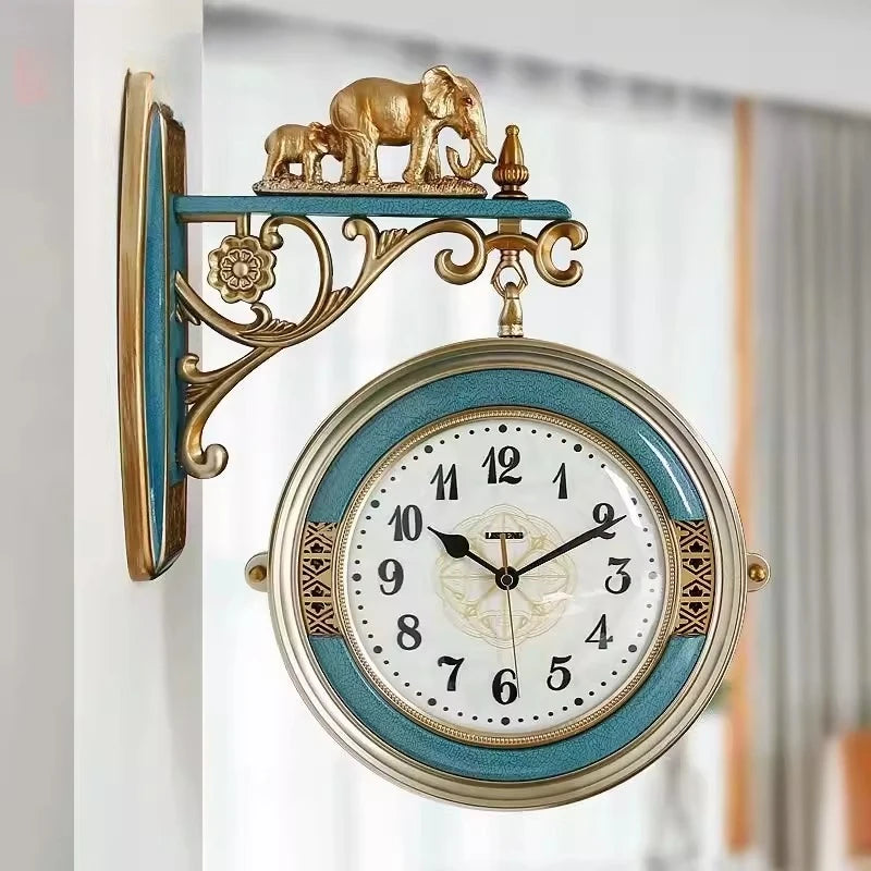 horloge murale double face bleu turquoise or décorative vintage figurines animales chambre salon