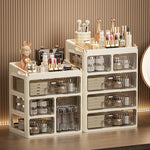 boîtes rangement cosmétiques moderne pliables beige clair poignées dorées étiquettes produits