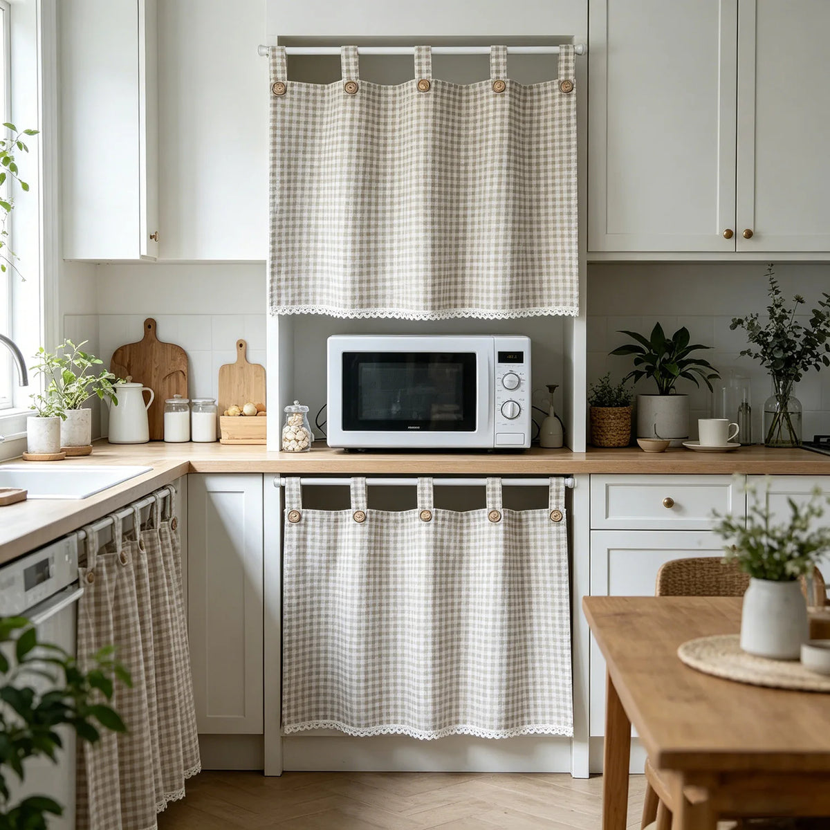 rideau tab top carreaux beige gris moderne rustique opulent dentelle