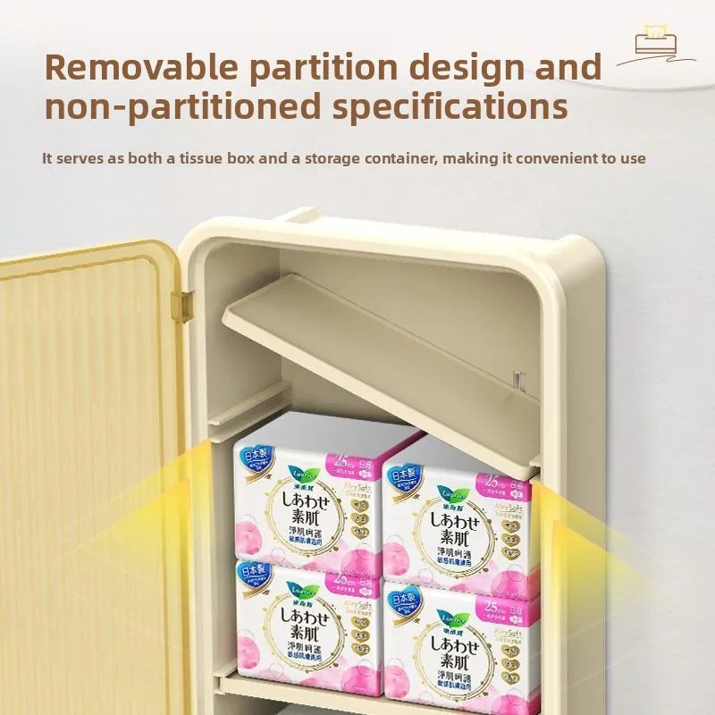distributeur serviettes papier murale moderne trois niveaux compartiments amovibles beige clair rayures verticales transparent