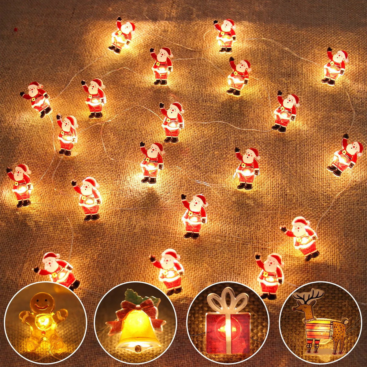 guirlande lumineuse noel personnage pere noel bonhomme neige renne jaune rouge ornement decoration festive