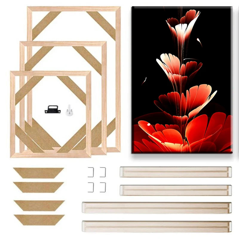 cadre mural bois floral moderne noir rouge beige clips adhésifs 40x60cm 55x85cm