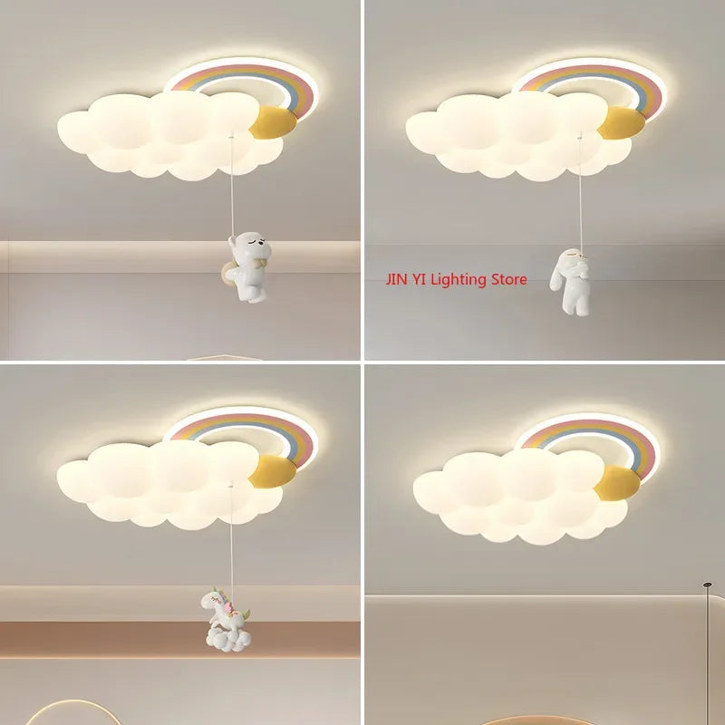 lampe suspendue moderne enfantine nuage arc ciel blanc jaune licorne cordon fixe chambre enfants