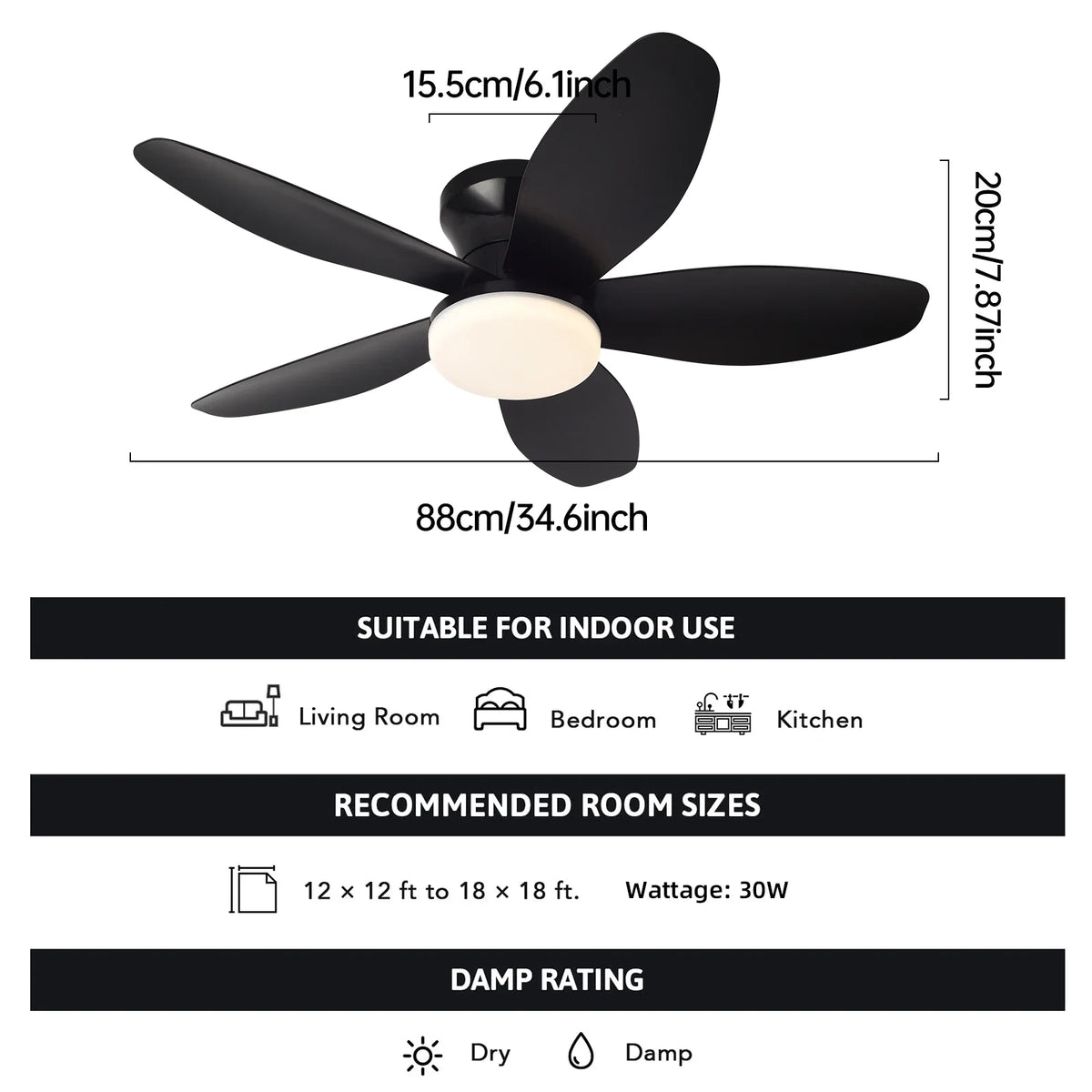ventilateur led noir moderne télécommande certification rohs flux lumineux certifications ccc cem gs lvd