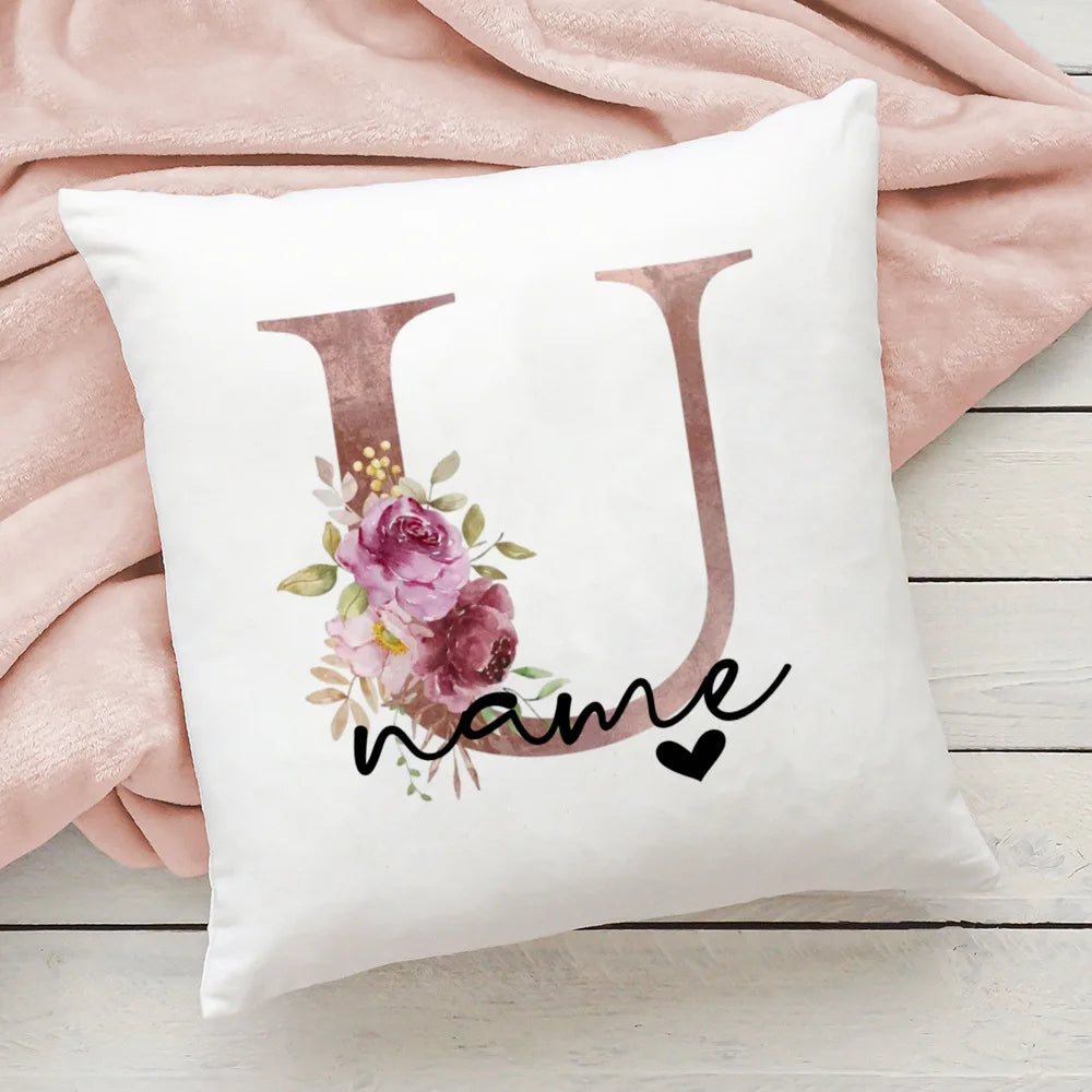 taie d'oreiller motif floral rose lettres initiales respectueux environnement moderne blanc