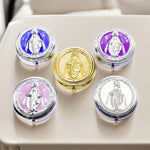 miroir compact argenté bleu doré violet rose religieux classique vierge marie texte