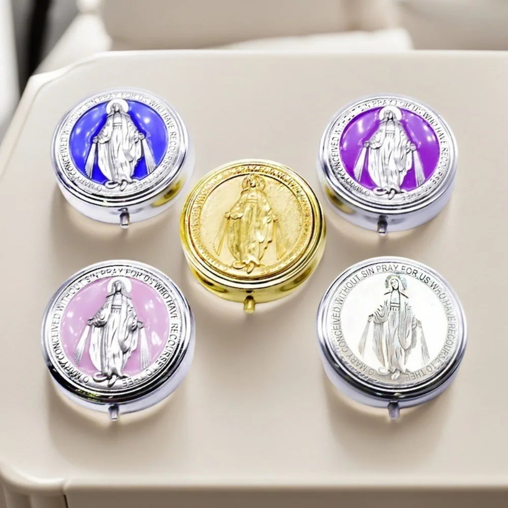 miroir compact argenté bleu doré violet rose religieux classique vierge marie texte
