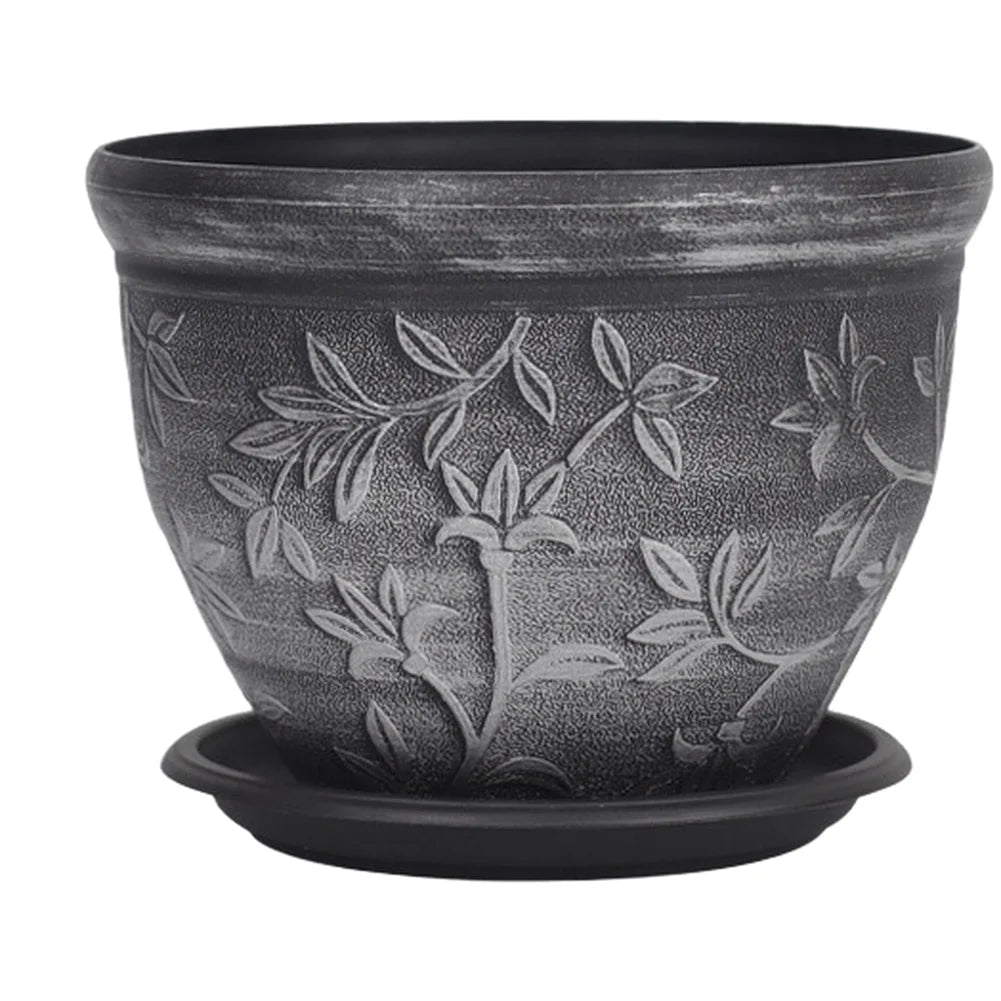 pots fleurs noirs classiques gravures feuilles fleurs plateau drainage visible