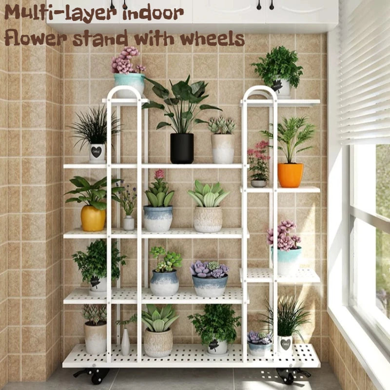 étagère fleurs métal blanc moderne niveaux roulettes pots plantes artificielles