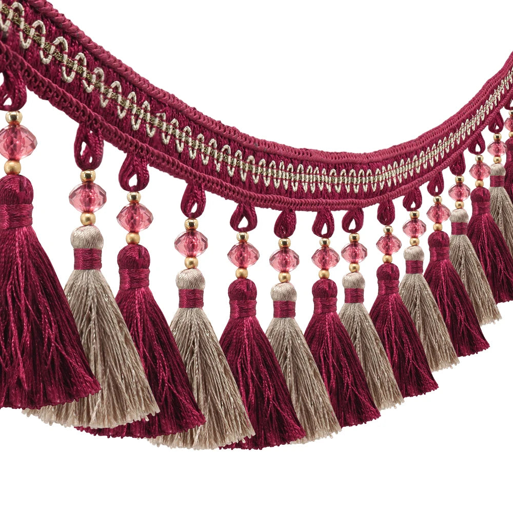 ruban franges rouge bordeaux beige clair decoratif textile maison bordure pompons 11cm