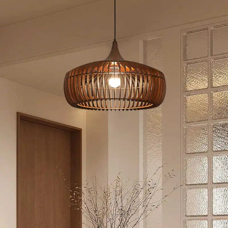 lampe suspendue moderne marron clair rayures horizontales câble noir ajustable salon chambre