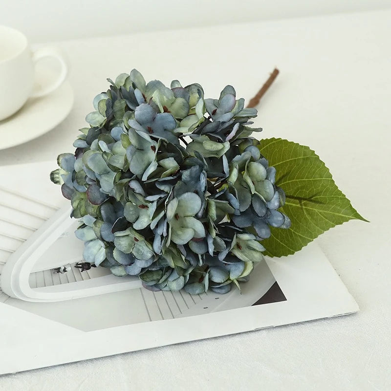 Décoration intérieure hortensia artificielle bouquet soie moderne 33cm vert gris blanc