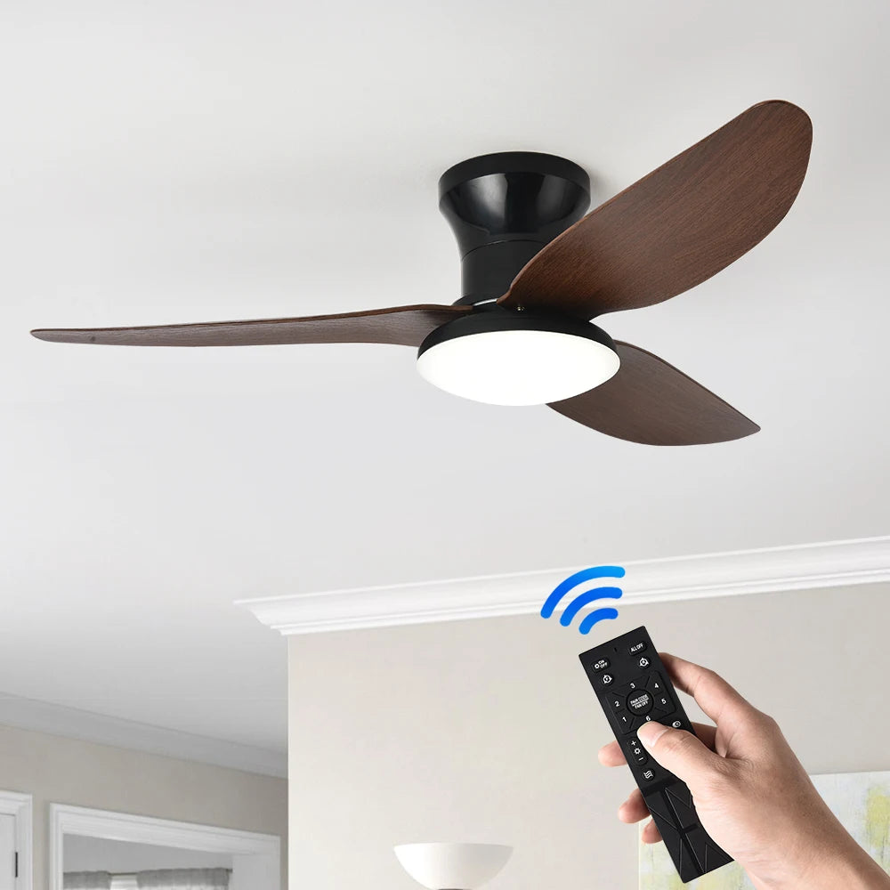 ventilateur led moderne blanc bois foncé télécommande flux lumineux source énergie éolienne haute efficacité