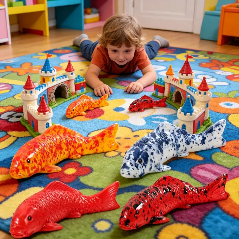 ornements poissons koi résine rouge orange bleu blanc réaliste decoration extérieure jardin statues diy
