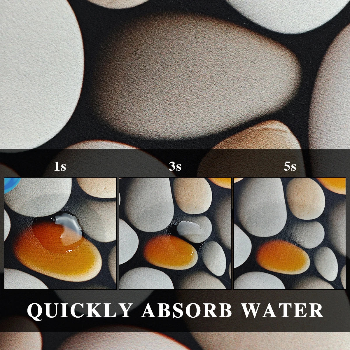 Cette image montre de manière séquentielle la capacité d'absorption rapide de l'eau par un matériau poreux, illustrant ainsi son efficacité pour absorber rapidement l'eau.