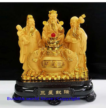 statue décoration dorée traditionnelle asiatique bouddha figures hommes poissons motifs végétaux base sculptée or