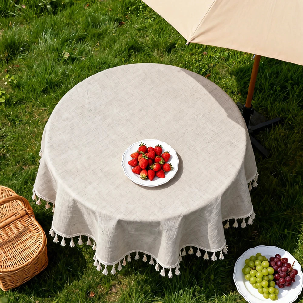 nappe ronde table extérieure beige clair franges pompons diamètre 60 90 160 180 cm