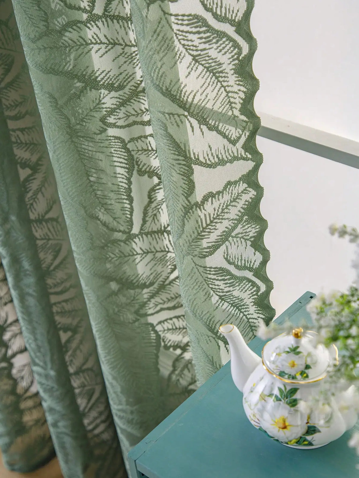 rideau vert feuilles moderne semi transparent salon pastorale polyester