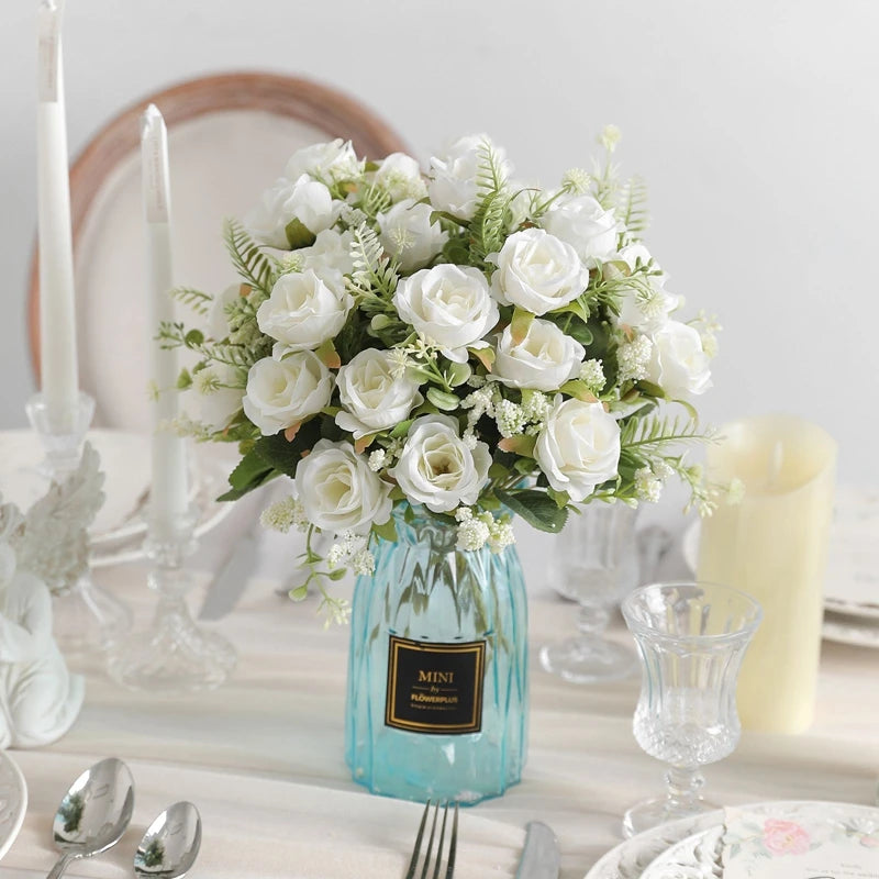 bouquet roses artificielles 30cm soie blanc rose rouge naturel decoration maison vase fleurs intérieur