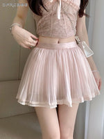 Jupe plissée rose princess romantique dentelle translucide été femelle mini courte