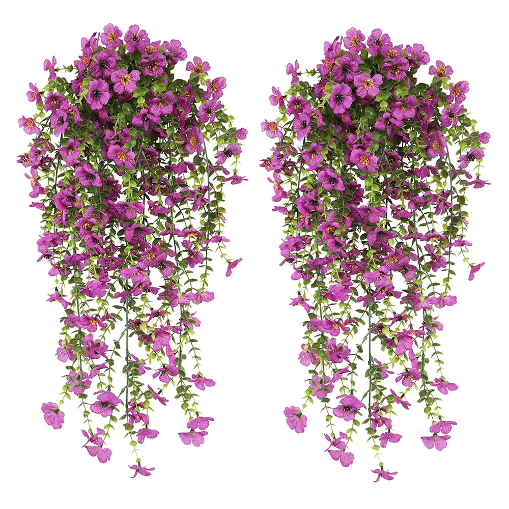 décoration extérieure plante artificielle suspendue fleurs marguerites violettes feuilles vertesbranches flexibles moderne
