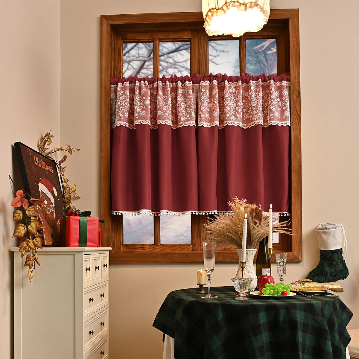 rideau rouge bordeaux dentelle pompons semi transparent classique maison polyester 132x45cm