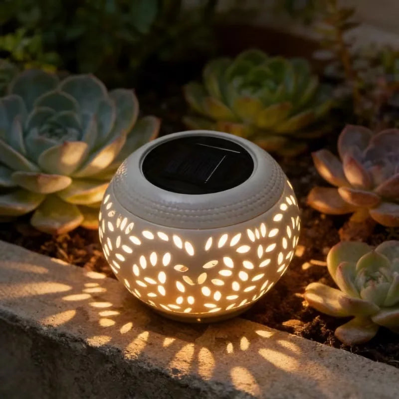 lanterne solaire moderne blanc feuilles découpées ip65 led étanche extérieur table jardin patio