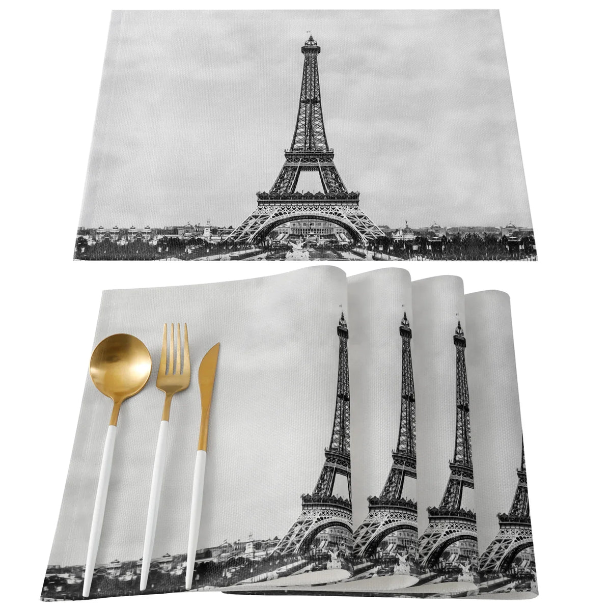 serviettes table imprimées tour eiffel fleurs cerisier moderne rose gris beige