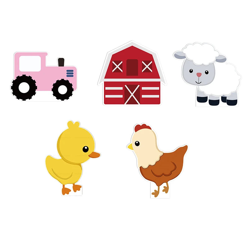 décorations fête animaux ferme porc poulet cheval vache mouton carton mousse rouge blanc bleu