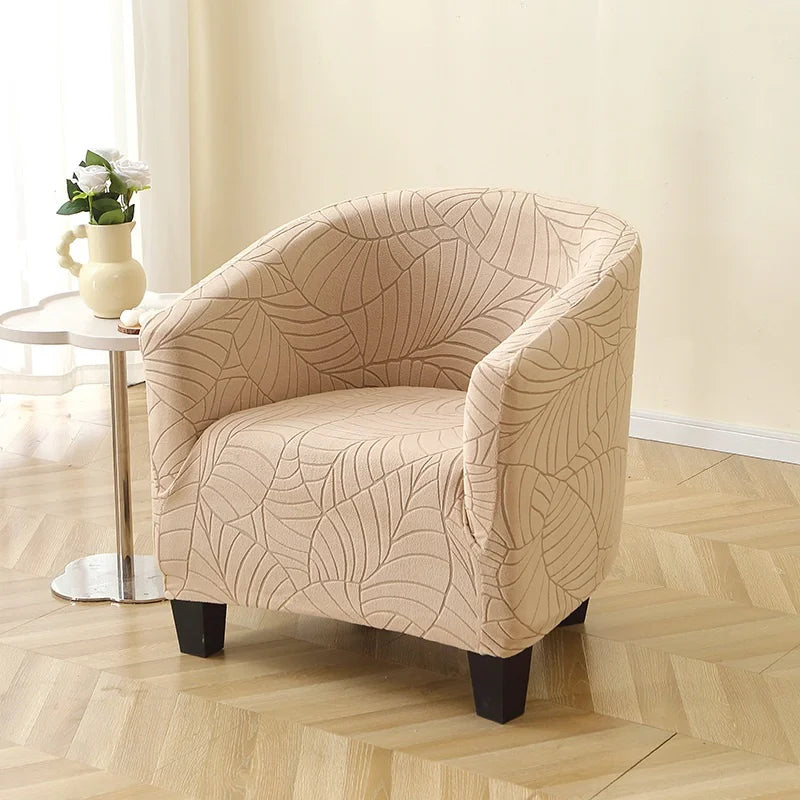 housse fauteuil moderne feuilles stylisées beige gris bleu clair polyestère lavable machine Jacquard fixations