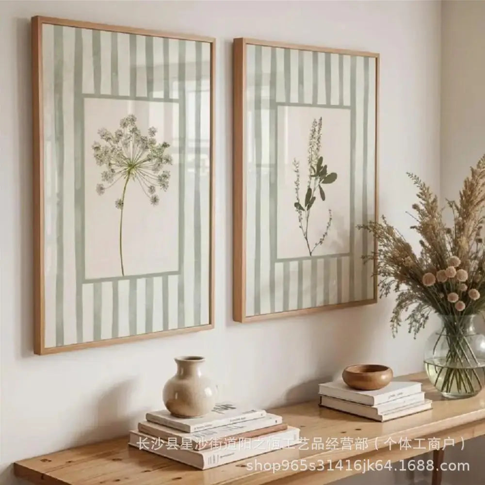 affiche encadrée minimaliste naturelle rayures vertes fleurs séchées 30x40cm 40x50cm 40x60cm 50x70cm 60x80cm 60x90cm