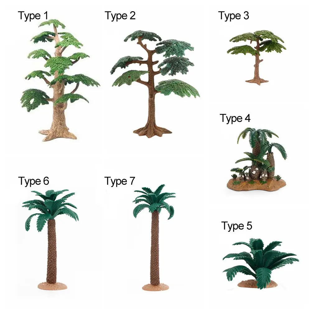 plantes artificielles réalistes feuilles larges troncs texturés base terreuse opacité vert brun jardin miniature