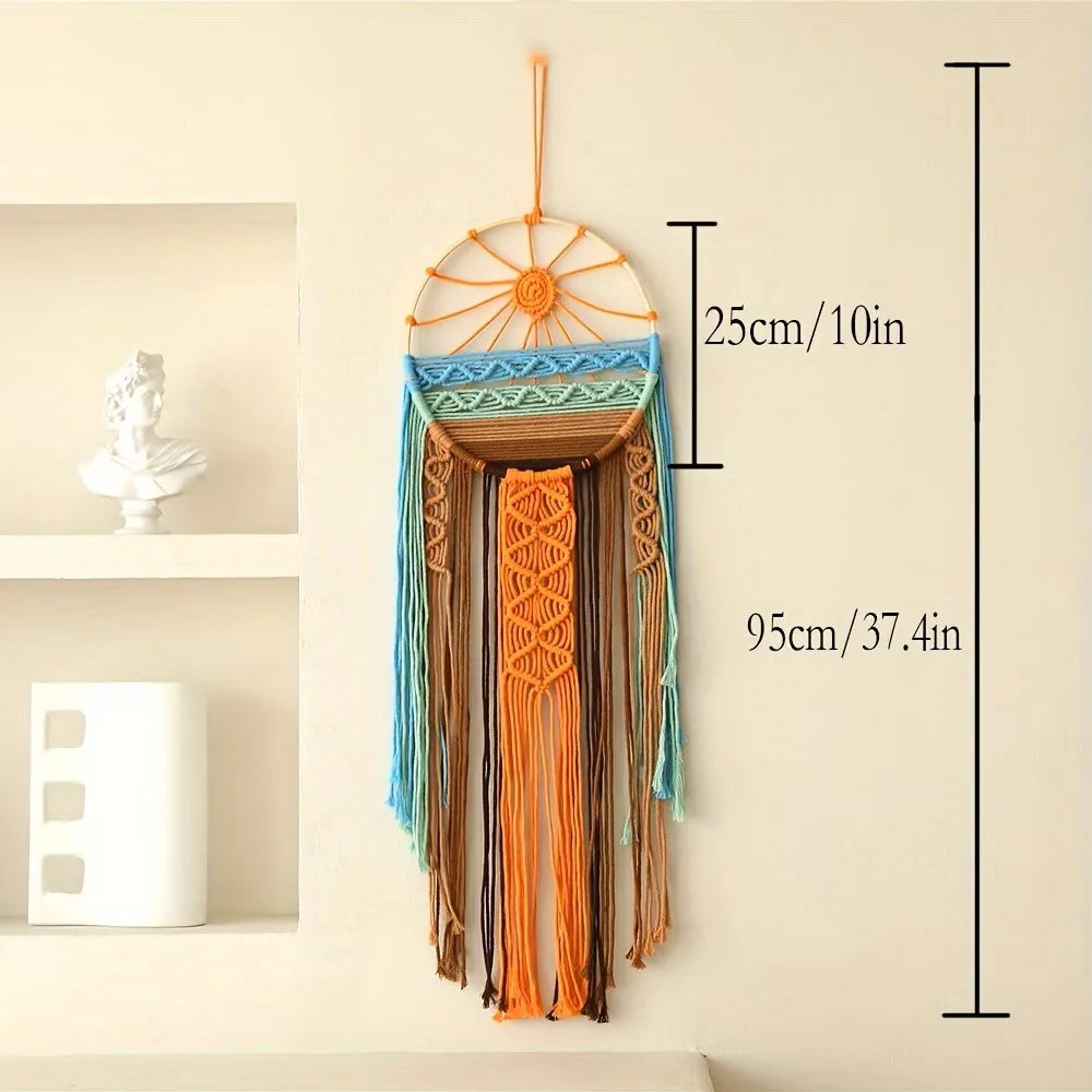 décoration murale bohème dreamcatcher macramé géométrique orange bleu marron artisanal chambre salon