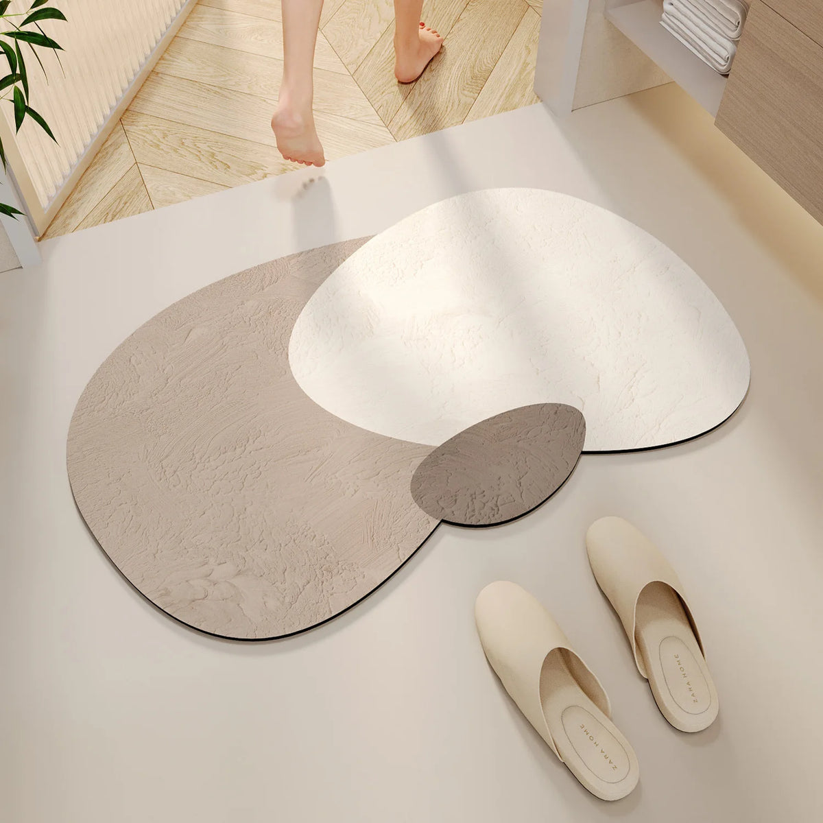 tapis sol salle bain moderne beige clair absorbant antidérapant respectueux environnement minimaliste texture granulée