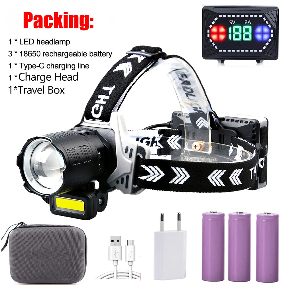 lampe frontale led 12000 lumens sensor tactique camping hiker zoomable étanche
