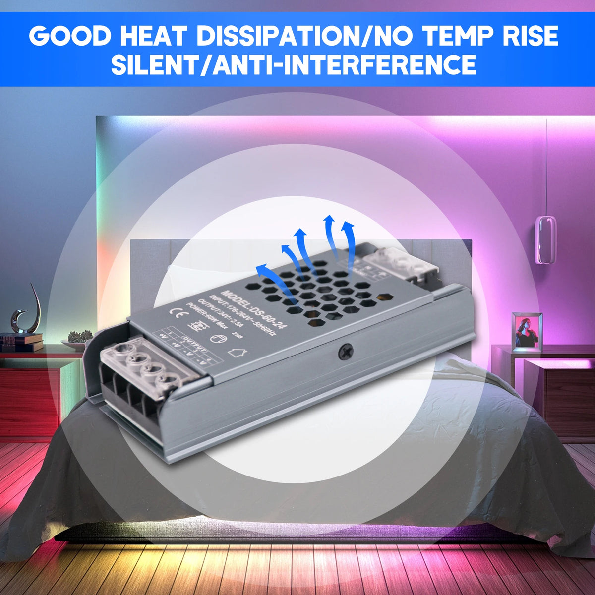 alimentation led 12v 24v 60w 100w 150w 200w 300w 400w transformateur silencieux gris perforé