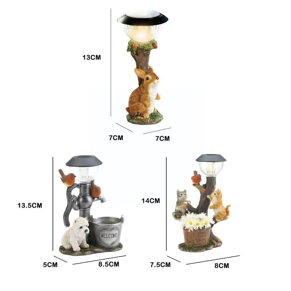 lampes solaires décoratives extérieures figurines animales feuilles fleurs mousse champêtre rustique animalier