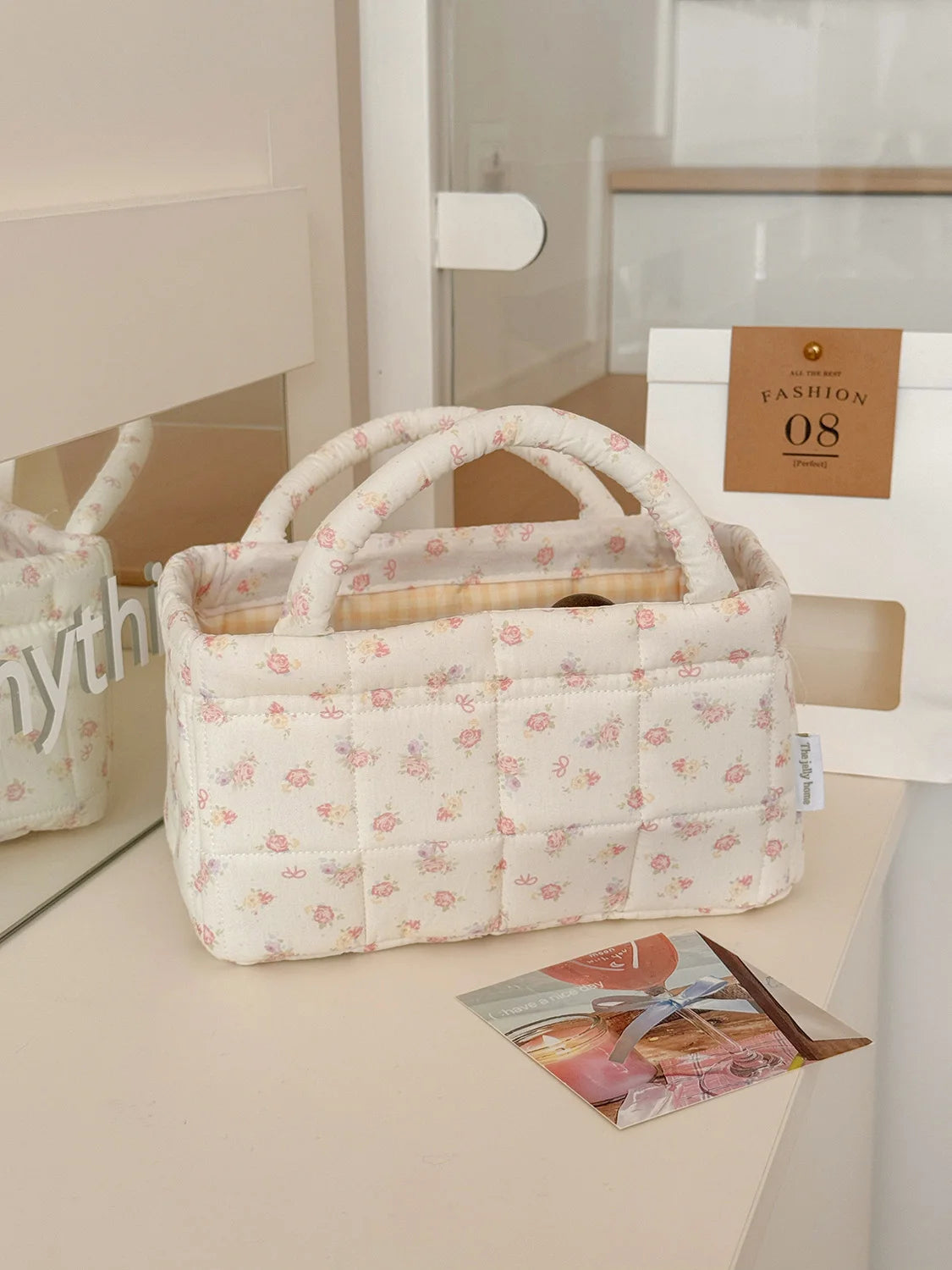 panier rangement matelassé floral rose blanc doux cosmétiques maquillage portable vintage
