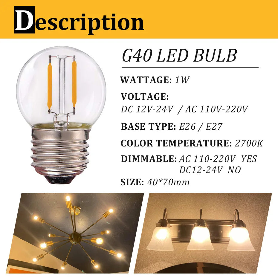 ampoule led filament doré transparente e27 1w 2700k dimmable ac 110v 220v moderne 249lm