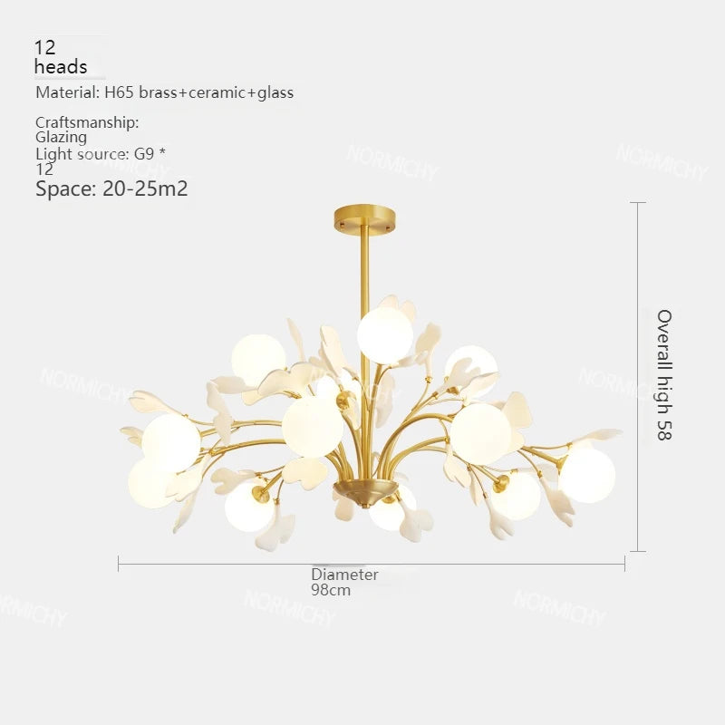 lampe suspendue contemporaine or blanc fleurs opalescente 10 têtes chaîne neutre