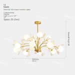 lampe suspendue contemporaine or blanc fleurs opalescente 10 têtes chaîne neutre
