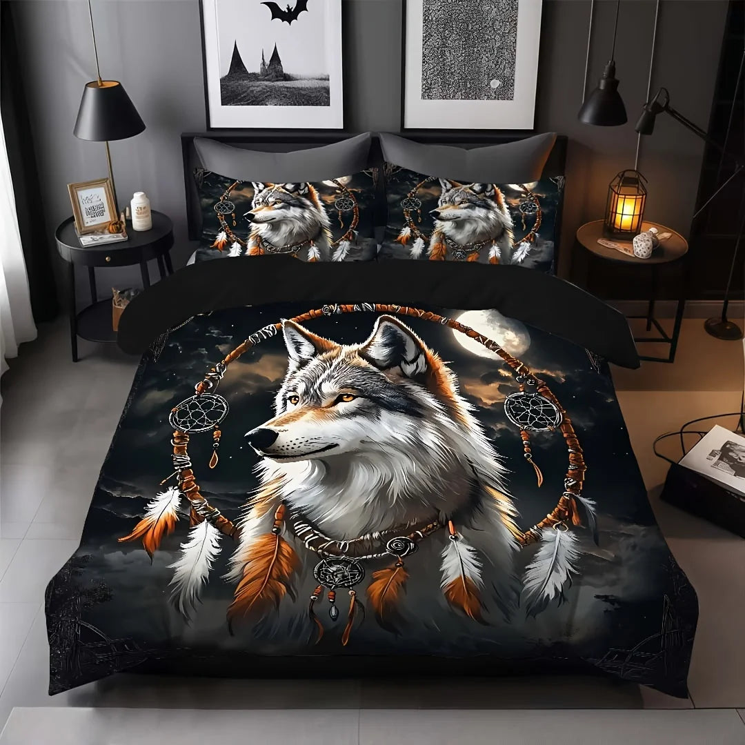 ensemble literie moderne imprimé loup plumes attrape rêves noir blanc gris orange