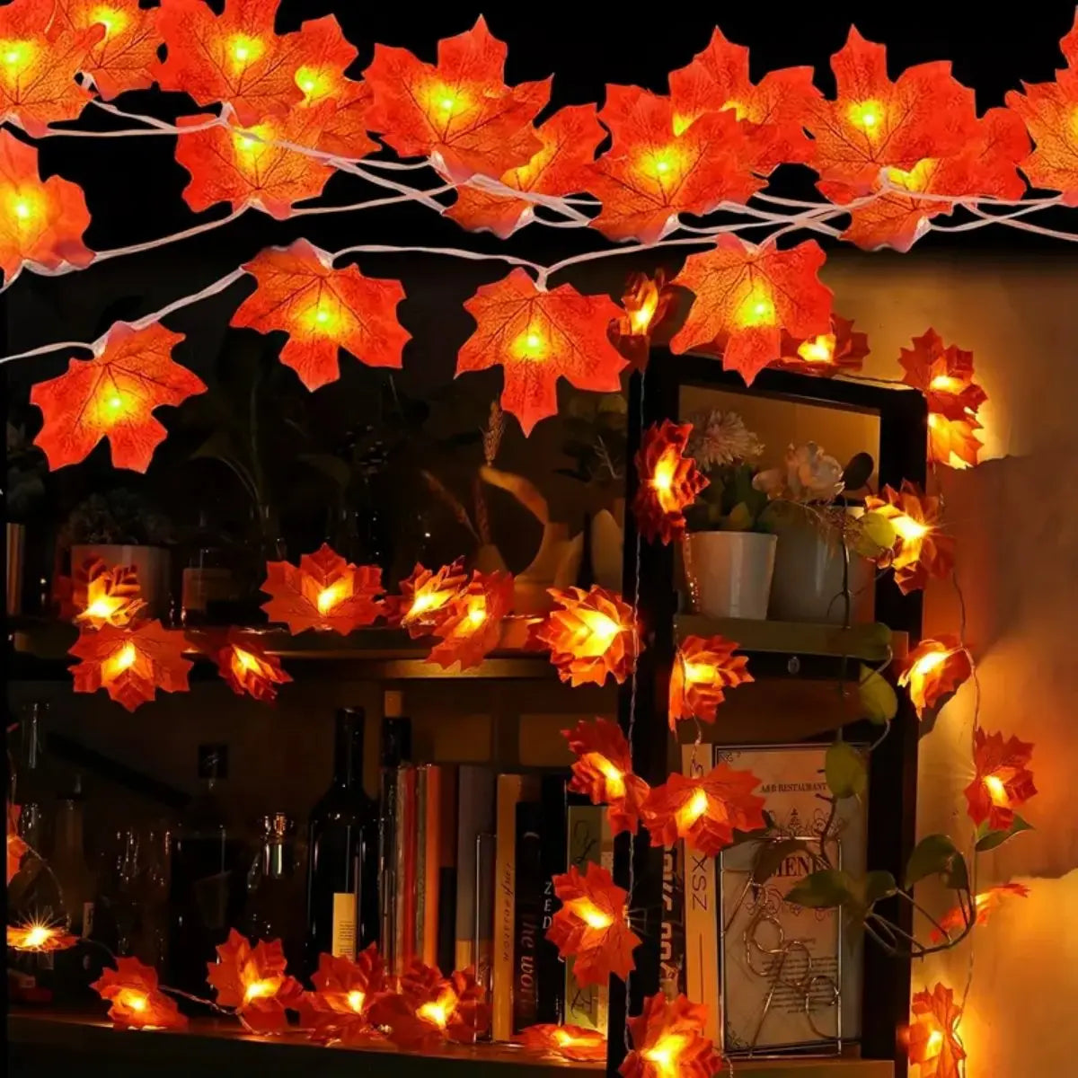guirlande lumineuse feuilles érable rouges orange automne halloween 20 30 40 led batterie sèche