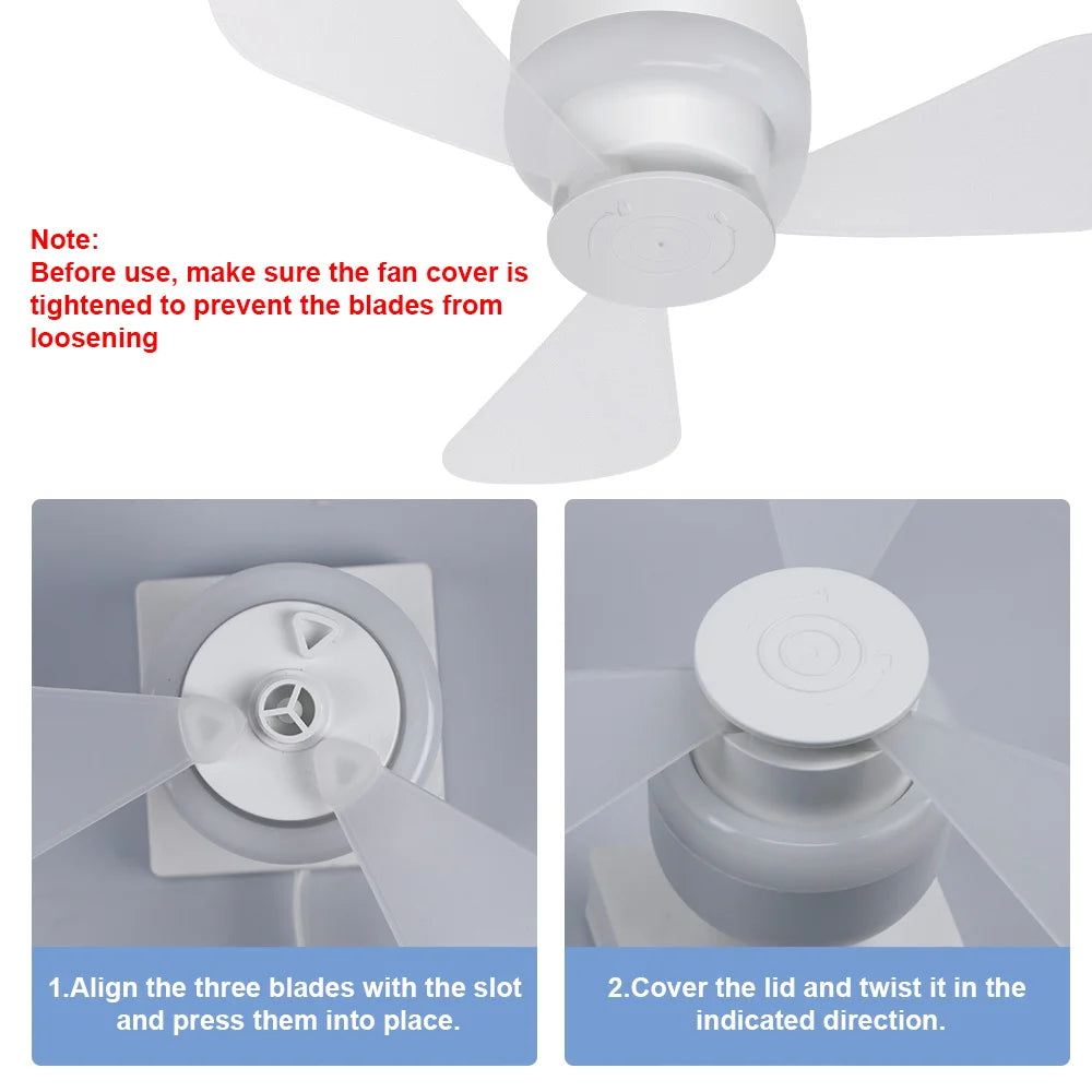 ventilateur led lumière intégrée blanc moderne télécommande trois vitesses niveaux luminosité