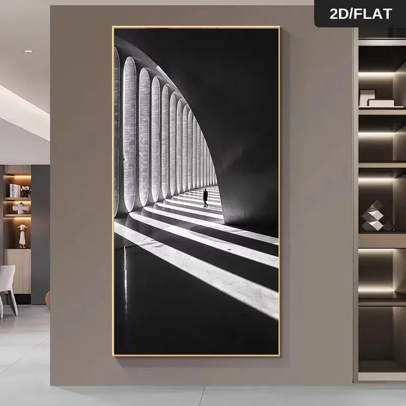 décoration murale moderne architecture intérieure noir blanc toile tunnel perspective ombres lumières minimaliste