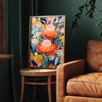 tableau toile fleurs exotiques abstraites cadre bois décoration murale moderne salon couleur vive
