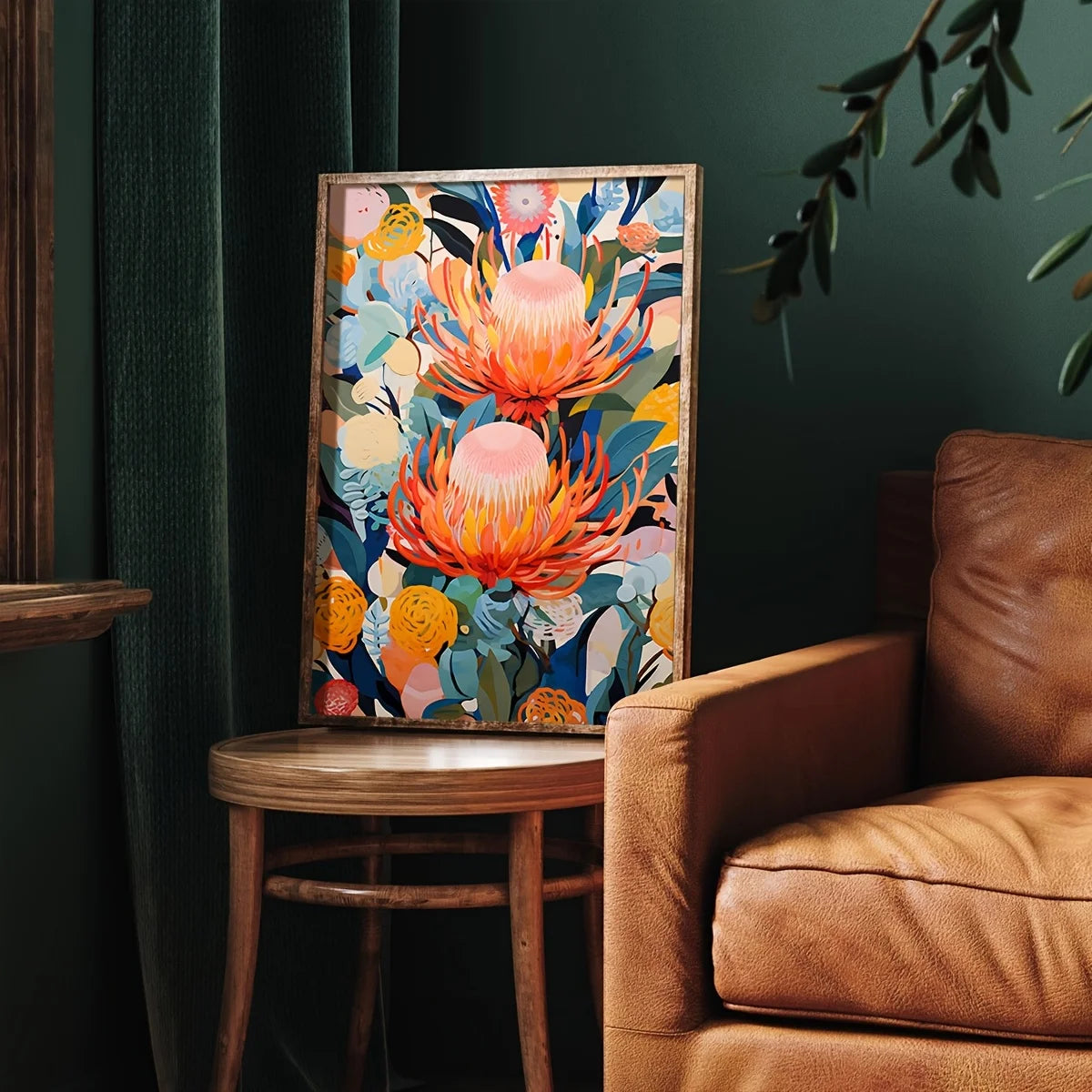 tableau toile fleurs exotiques abstraites cadre bois décoration murale moderne salon couleur vive